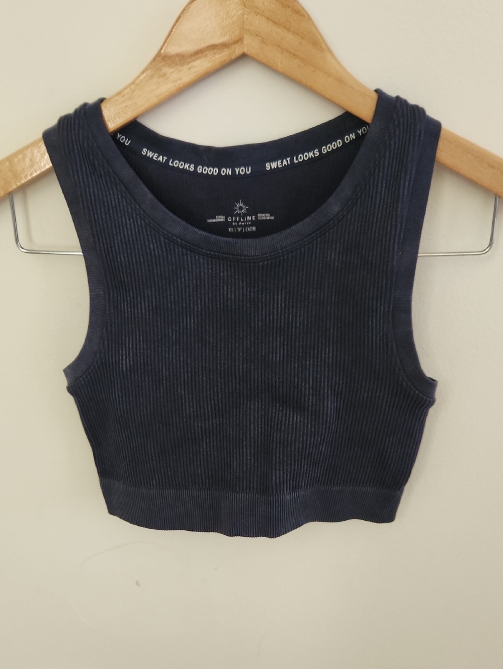 Aerie Offline Ribbed Crop Tank Top Bra  Navy Wash XS